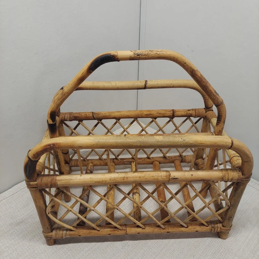 Vintage Bamboo Magazine Rack Rattan Book Caddy Boho MCM Storage Basket Handle